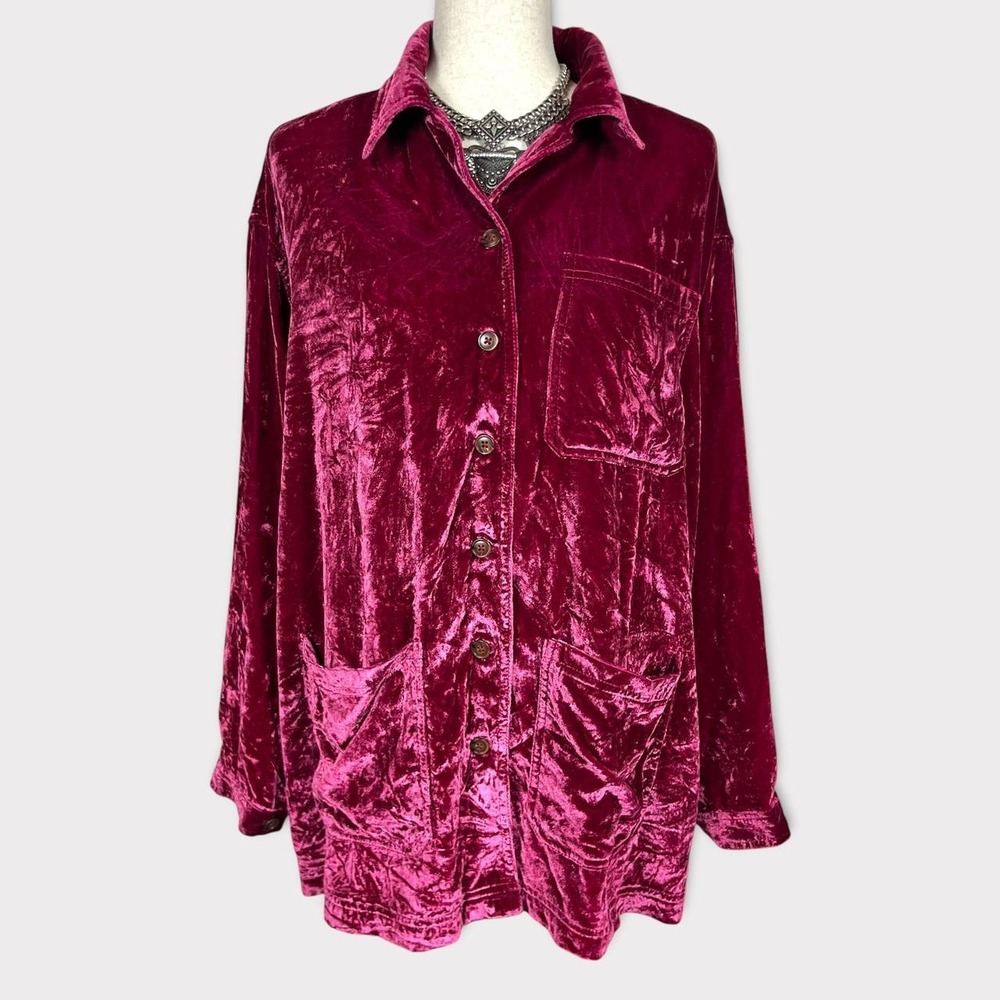 Free People We The Free Crushed Velvet Button Up Top Small Oversized Grunge Pink